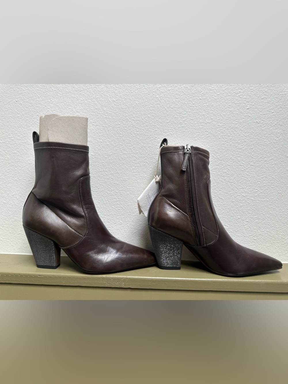 Brunello Cucinelli Dark Brown Leather Ankle Boots with Sparkle Block Heel